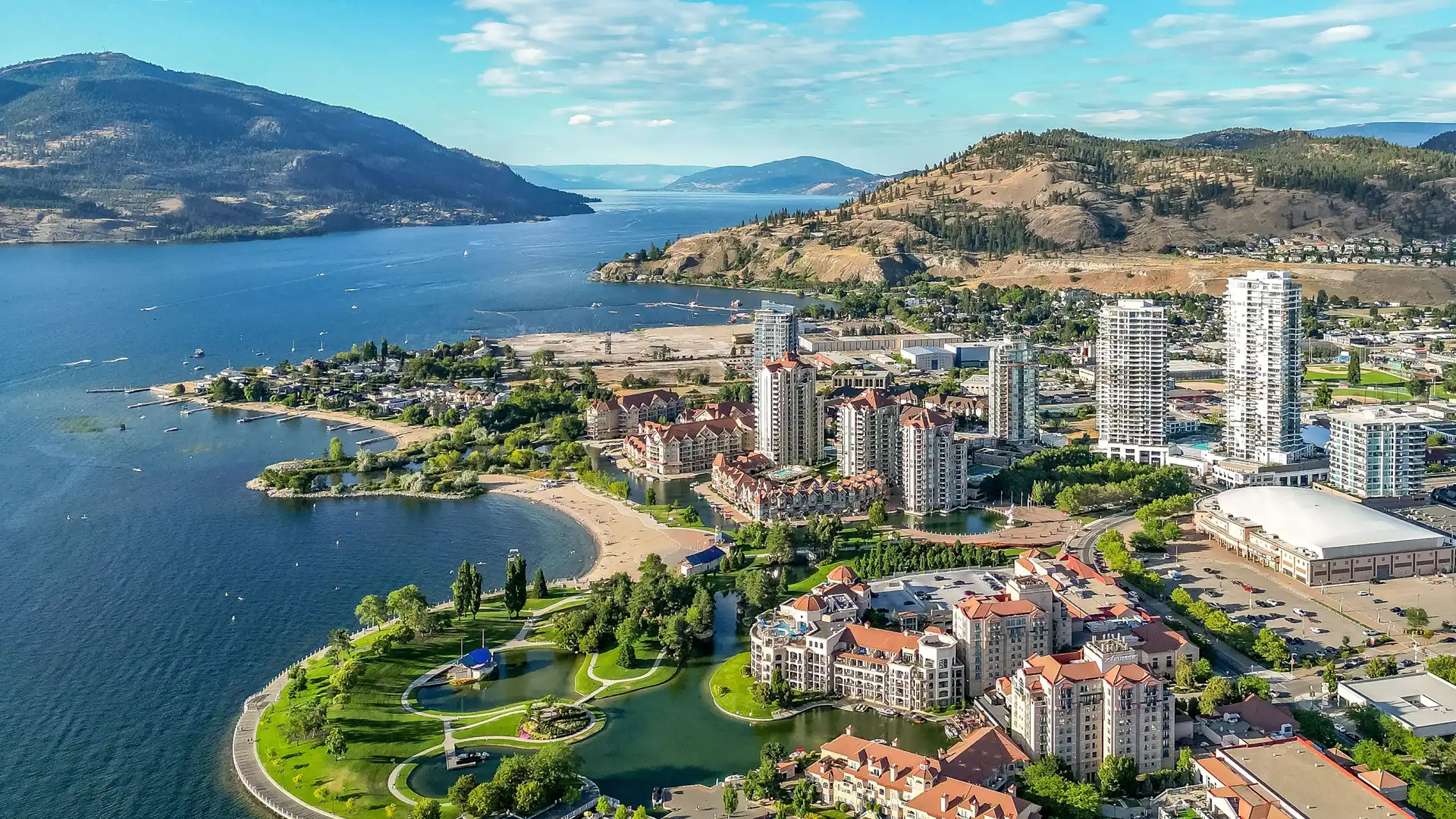 Aerial view of downtown Kelowna and Okanagan Lake, British Columbia